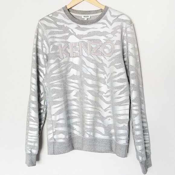KENZO Iridescent Silver Tiger Stripes Crewneck Pullover Sweatshirt S Gray $355 - Picture 2 of 16